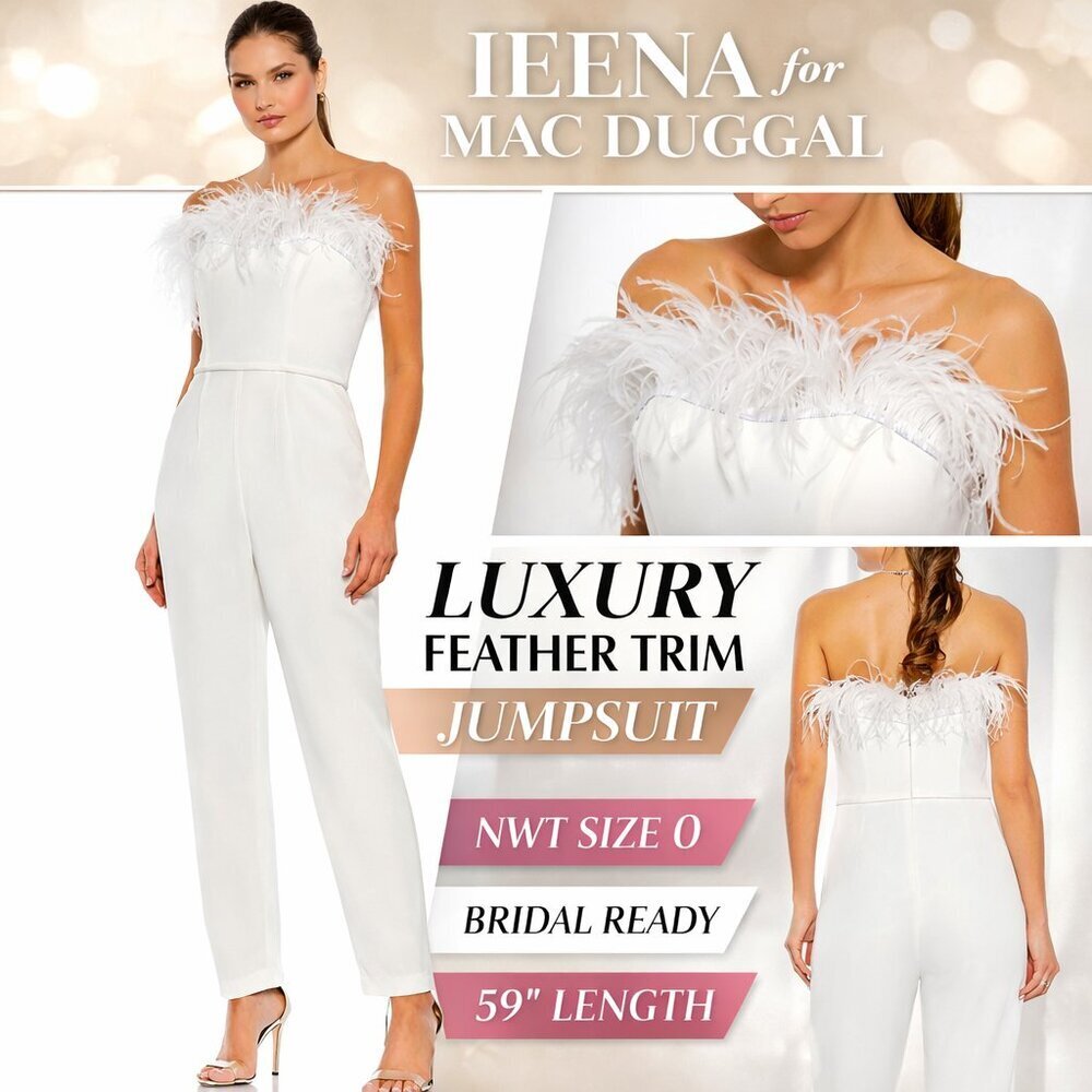 Mac Duggal Feather Trim Strapless White Jumpsuit Size 0 NWT